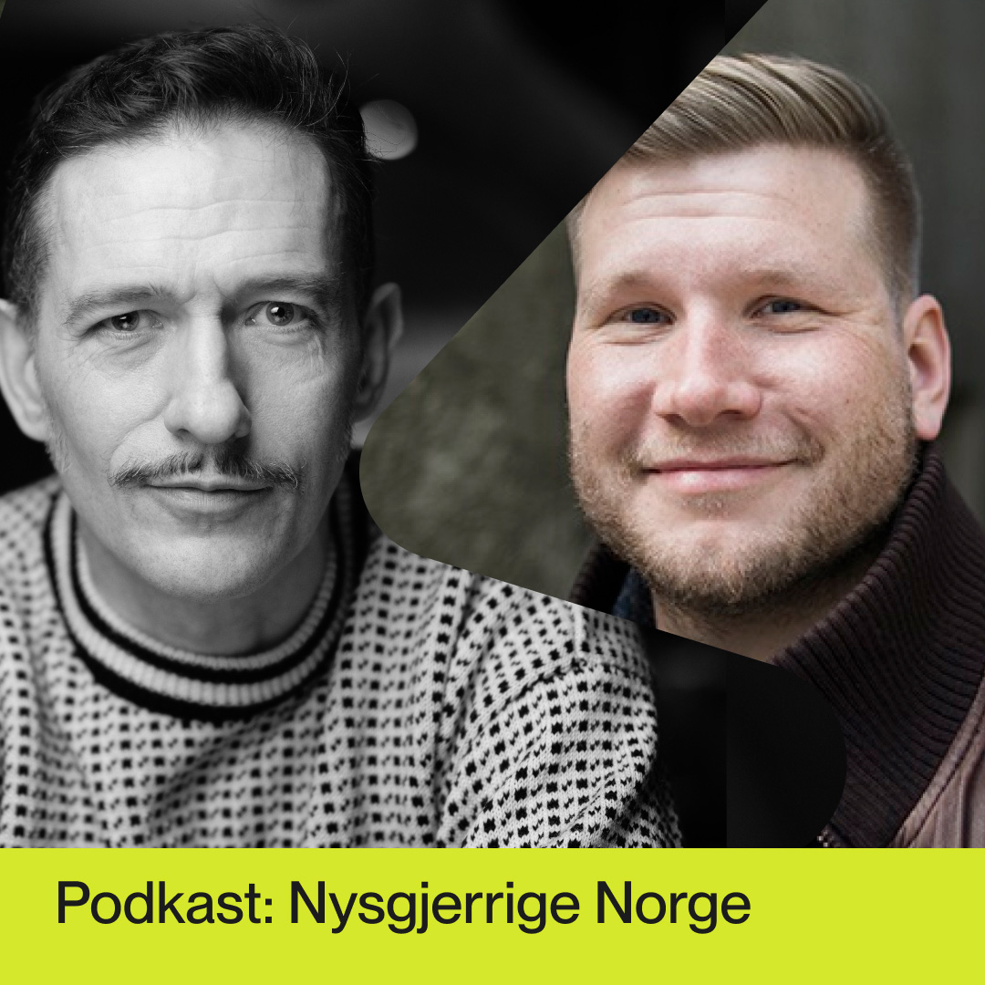 o personer med uskarpe ansikter. Venstre side viser et svart-hvitt bilde av en person med mønstret genser, mens høyre side viser en fargefotografi av en person med mørk jakke. Teksten "Nysgjerrige Norge" vises på gul bakgrunn til venstre.