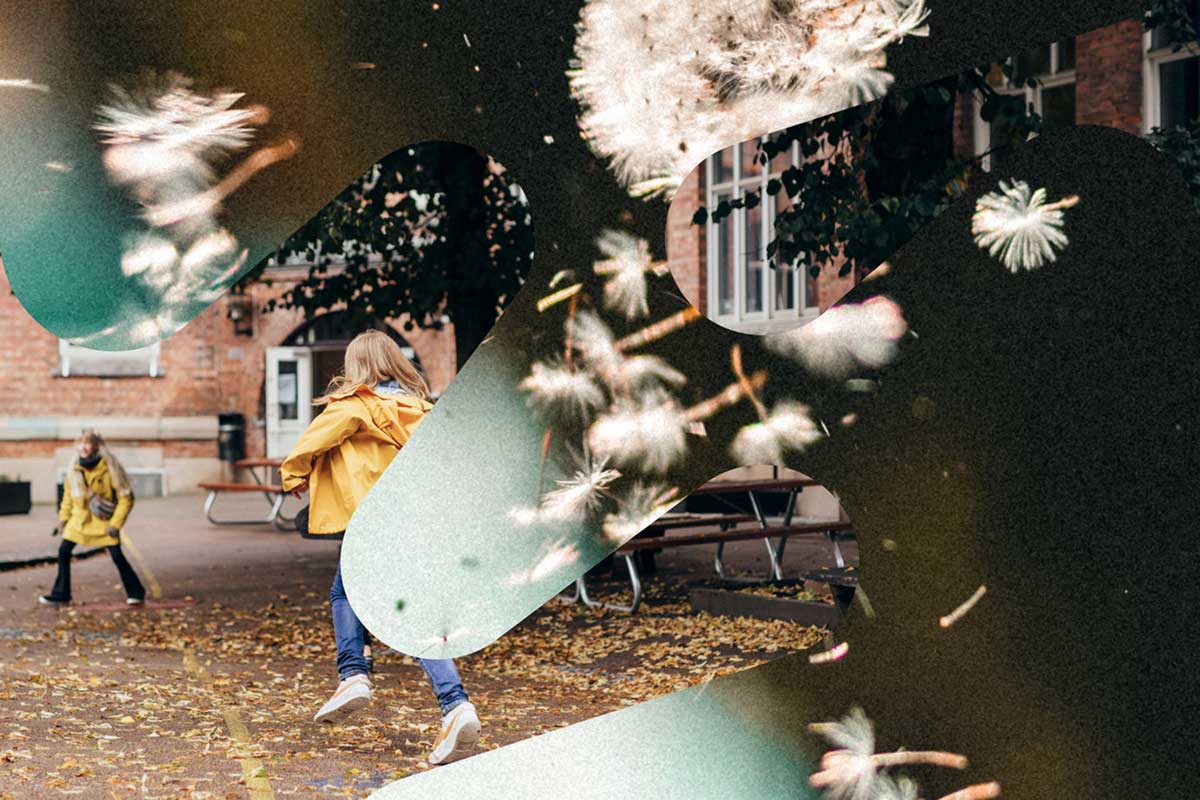 To bilder blandet sammen. Ett med to barn i gule jakker som leker blant høstløv foran en murbygning, et annet med løvetannfrø som svever i vinden.